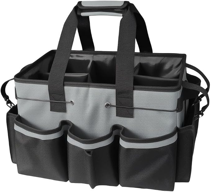 Large Cleaning Caddy Bag with Removable Divider - 600D Oxford Storage Organizer for Supplies, Tools, Spray Bottles - Portable Tote for Housekeeping, Gardening, Car Trunk - Black 14x10x9 Inch(Dark Gray)