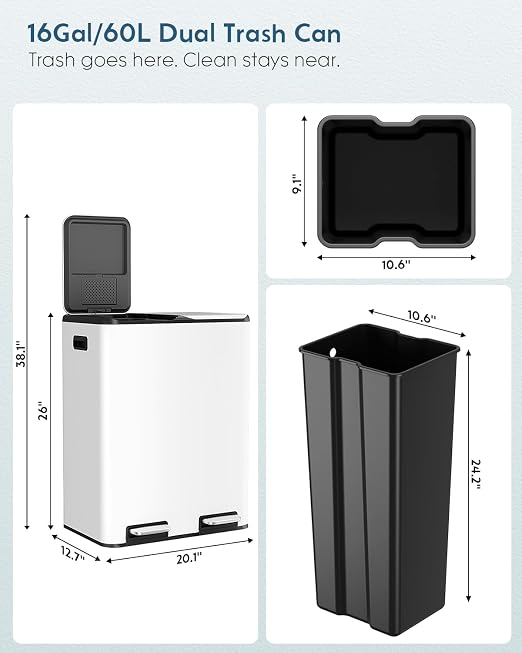 Arlopu 16Gal Dual Trash Can w/2 Built-in Box for Odor Control | Hands-Free Kitchen Garbage Bin, Recycle Waste Dustbin, Soft-Close Lid, 2 Buckets, Foot Pedal, Side Handle, for Home (White)