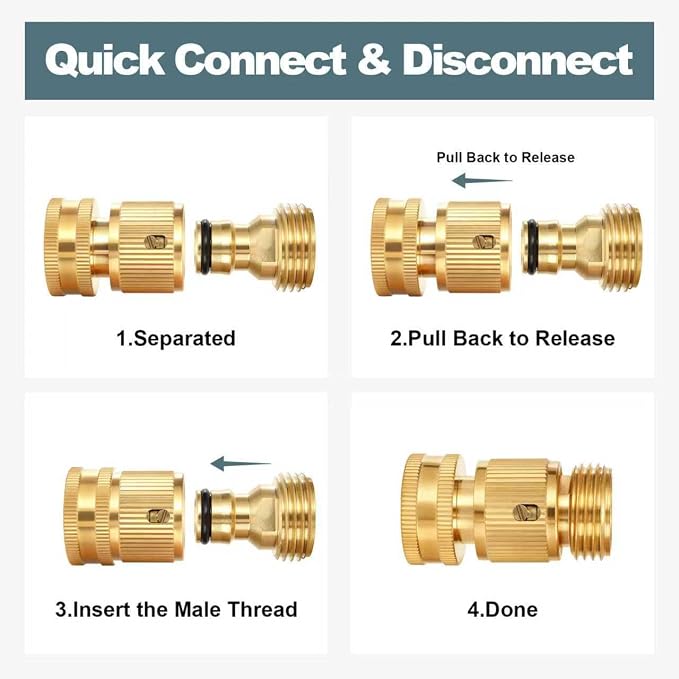 2 Set Garden Hose Quick Connect, Solid Brass 3/4 Inch GHT Hose Connector | Heavy Duty Male & Female Quick Connect Hose Fittings, No-Leak, Easy Connect for Garden Hose & Pressure Washer
