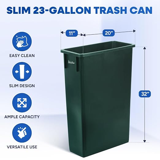 PLASTIC PRINCE 23 Gallon Slim Trash Can Kitchen, Commercial Tall Trash Bin Narrow, Rectangular Slim Jim Skinny Garbage Can for Home Garage Cabinet Restaurant, 2 Pack, Green