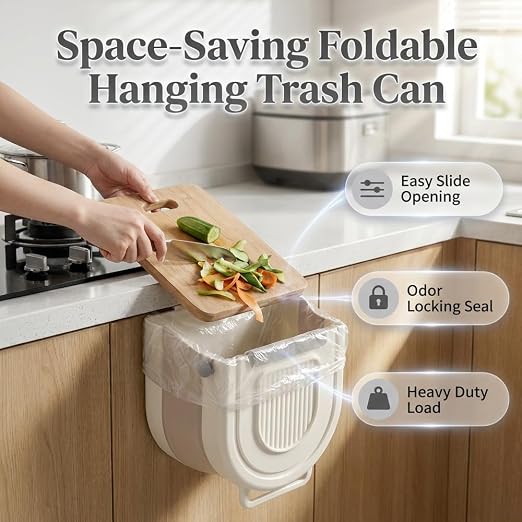 YAUNJI Multipurpose Hanging Collapsible Trash Can for Kitchen, 2026 New Hanging Collapsible Trash Can for Peels Waste & Recycling, Creative Wall Mounted Folding Waste Bin (Gray, 10, Liters)