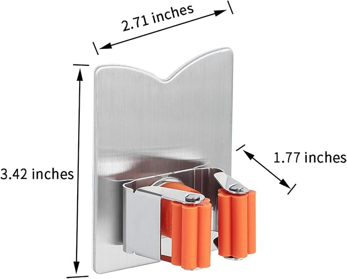 Broom Holder Wall Mount, 2 Pack Orange Stainless Steel Mop and Broom Organizer, Heavy Duty 15 Lbs Self Adhesive Tool Hanger, No Drill V-Shape Broom Hooks for Garage, Kitchen, Bathroom