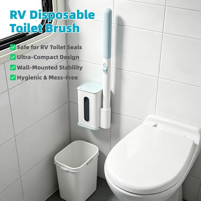 RV Toilet Brush, Disposable Toilet Bowl Cleaner Wand, 32 Cleaner Refills | Wall-Mounted, Compact Design, RV Accessories, Hands Free Toilet Brush, for RV Travel Trailers and Campers and Small Bathroom