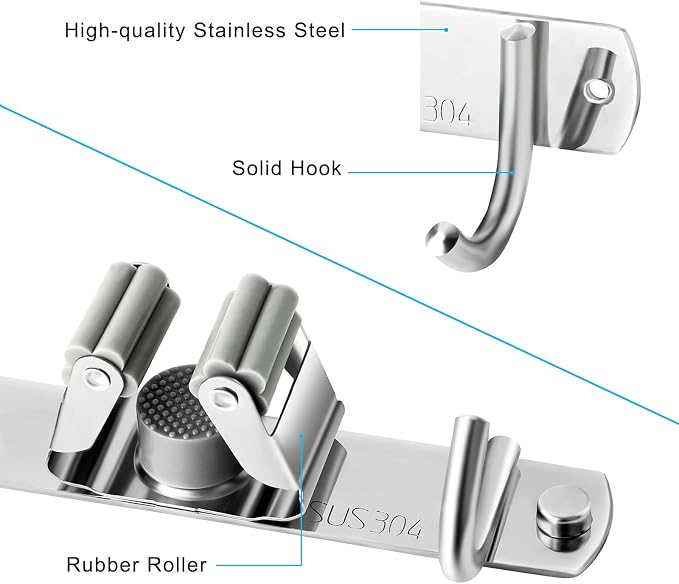Mop and Broom Hanger Wall Mount, stainless steel Broom Hook Organizer Wall Mounted, Heavy Duty Mop Holder Storage Rack - 3 Racks 4 Hooks for hanging brooms and mops