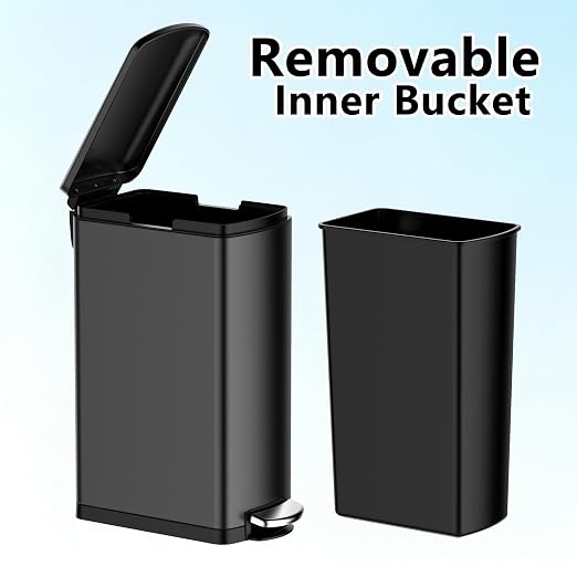 8Gal/30L Slim Kitchen Trash Can, Skinny Stainless Steel Garbage Can with Removable Inner Bucket & Soft Close Lid, Narrow Trash Bin for Bathroom Living Room Office, Black