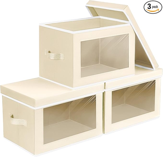 Homsorout Storage Bins with Lids - Small Fabric Organizers with Window, Collapsible Storage Bins for Clothes, Decorative Closet Organizers for Towels, Tshirt, 3 Pack, Beige