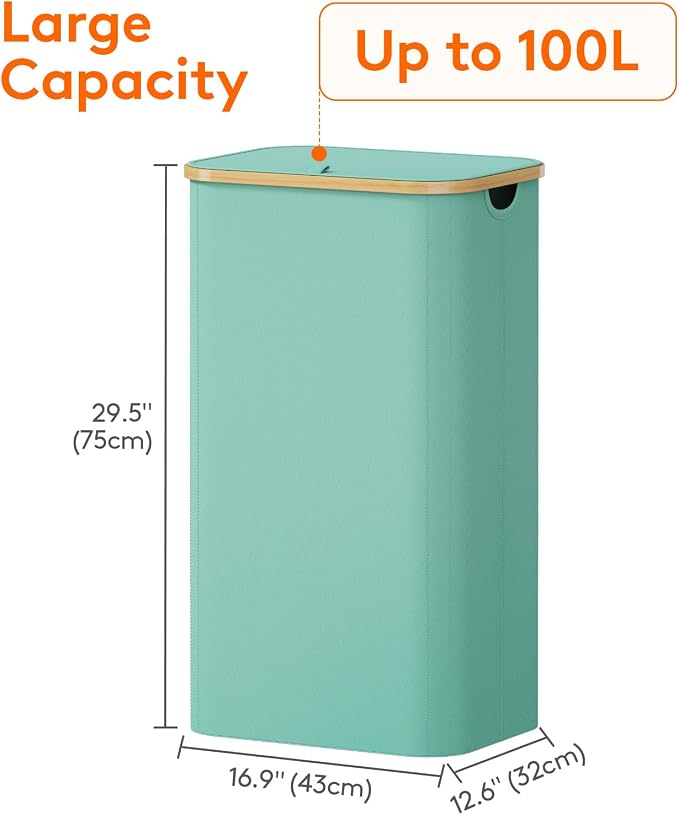 Lifewit 105L Laundry Basket with Lid, Clothes Hampers for Laundry with Bamboo Handles and 1 Removable Bag, Large Foldable Laundry Hamper for Bedroom, Bathroom, Dorm, Laundry Room, Sage Green