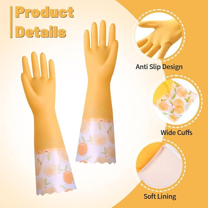 Dishwashing Cleaning Gloves, Rubber Glove with Cotton Lined | 2 Pairs Reusable Latex Free Kitchen Gloves, Long Waterproof Household Glove for Laundry Cleaning Working Gardening Cooking