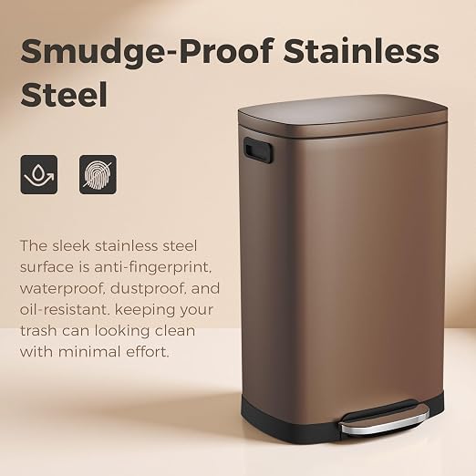ELPHECO Kitchen Trash Can with Lid 13 Gal Stainless Steel Pedal Garbage Can | Soft Close Lid, Pedal, Heavy-Duty Fingerprint Proof Step Wastebasket with 20 Bags, Removable Bucket, Home Office, Brown