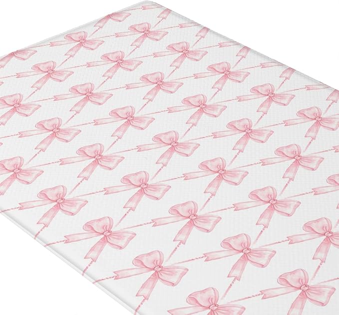 Feelyou Pink Bow Kitchen Rugs 2PCS Cute Bowknot Kitchen Mats Cushioned Anti Fatigue Girls Bow Non-Slip Standing Desk Mat Waterproof Floor Rug Set,17.32x29.53+17.32x47.24 inch
