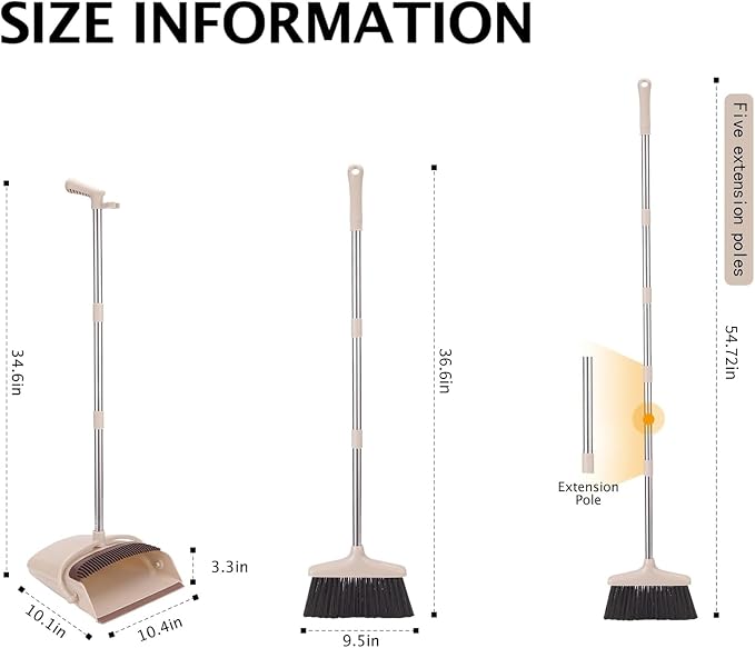 Broom and Dustpan Set with Long Handle, Light Weight Stainless Steel Poles Stand Upright Dustpans with Broom Combo for Home Kitchen Office Pet Dog Hair, Brown & Beige Color, 1-Pack