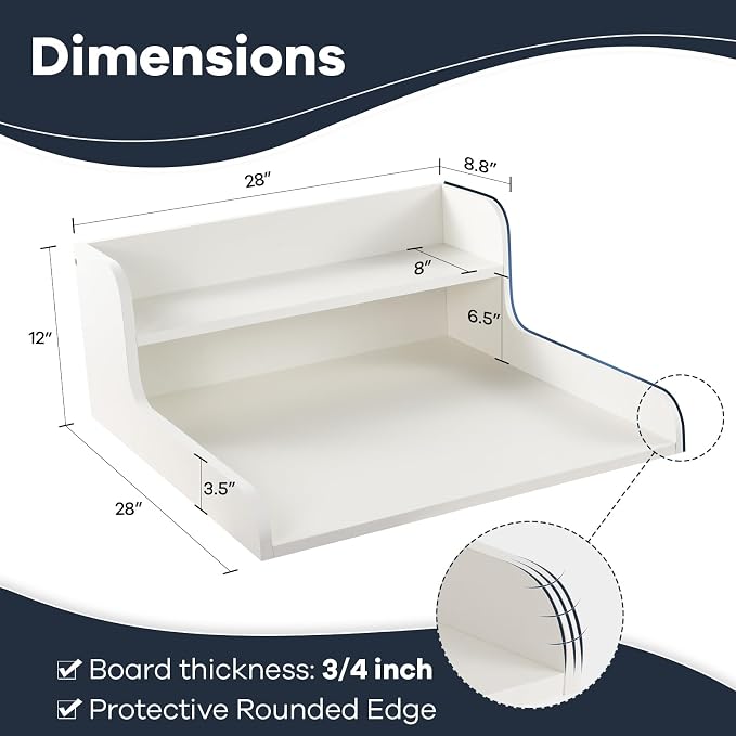 Washer Dryer Countertop 2 Tier 28 inches Wide, Laundry Shelf Topper with Edge, 28" W x 28" D x 12" H Laundry Space Organizer, White