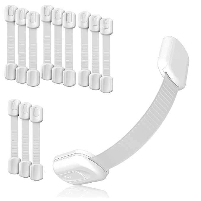 Baby Proof Me Child Safety Cabinet Locks - Baby Proofing Straps & Latches | 12 Pack Adhesive Safety Latches for Cabinets, Drawers, Fridge, Oven, Toilet & Trash Can, Strong 3M Adhesive - White