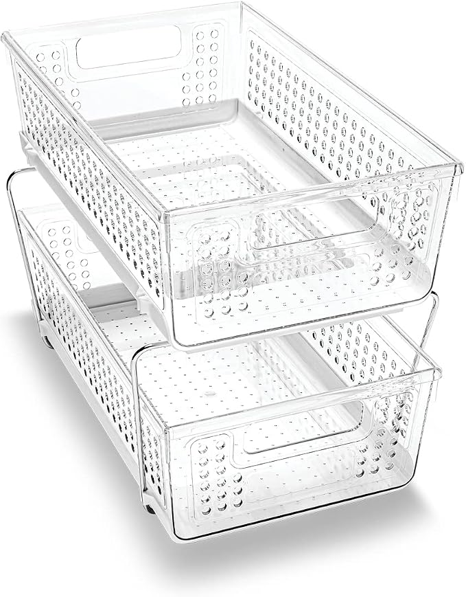 madesmart Premium Two Tier Organizer, Clear | pull out bins, adjustable dividers, tiered access, cleaning supplies, under sink use, pantry bottles, woman owned