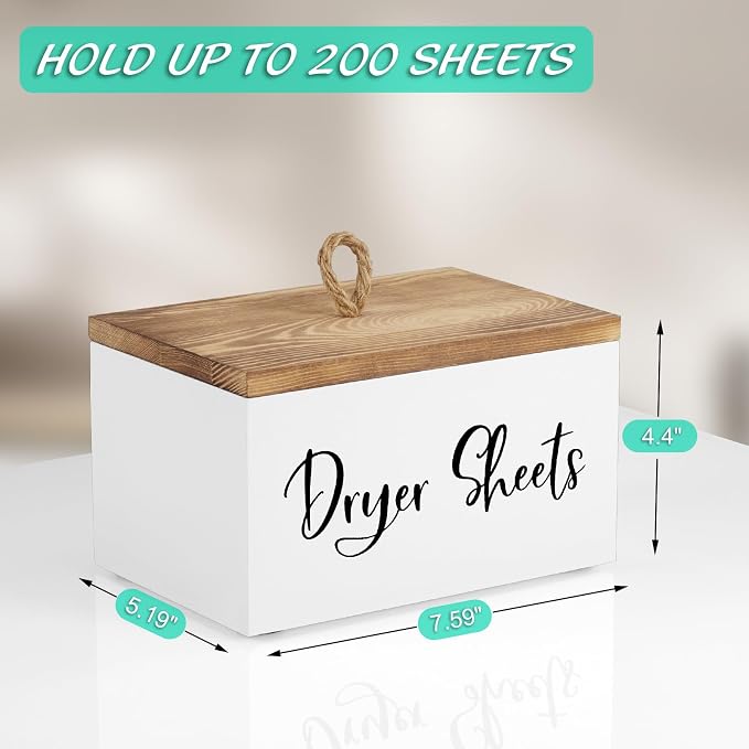 Dryer Sheet Holder, Wooden Laundry Sheets Container, Laundry Room Organization and Storage for Farmhouse Laundry Room Decor and Accessories, Fabric Sheet Holder, White