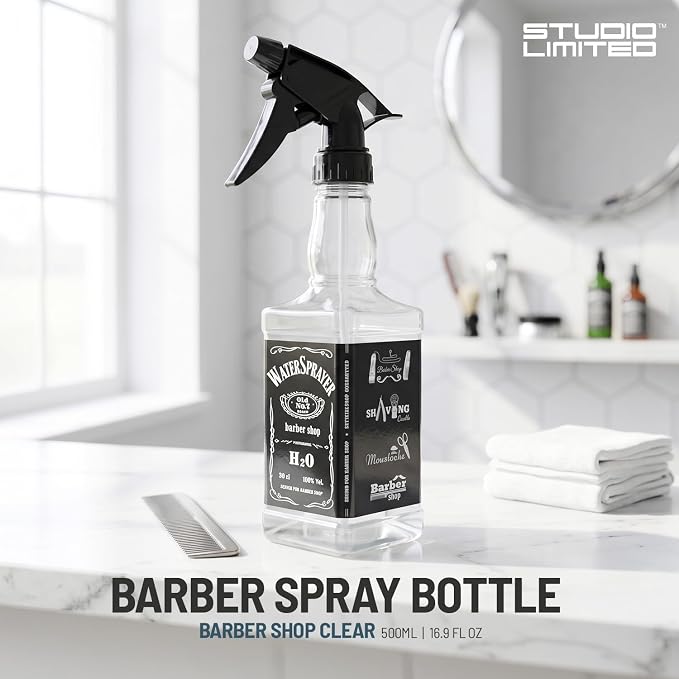 STUDIO LIMITED Barber Spray Bottle, Fine Mist Sprayer for Stylists, Refillable Hair Spray Bottle (500ml/16.9oz, Clear)