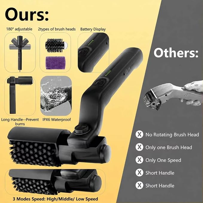 Electric Grill Brush, Spin Cordless Electric Barbecue Brush Grill -Black | 2026 USB Grill Electric Brush with Bristle & Scouring Roller Heads, 150Mins Runtime, 3 Speeds, IPX7 for Grates, Stovetop