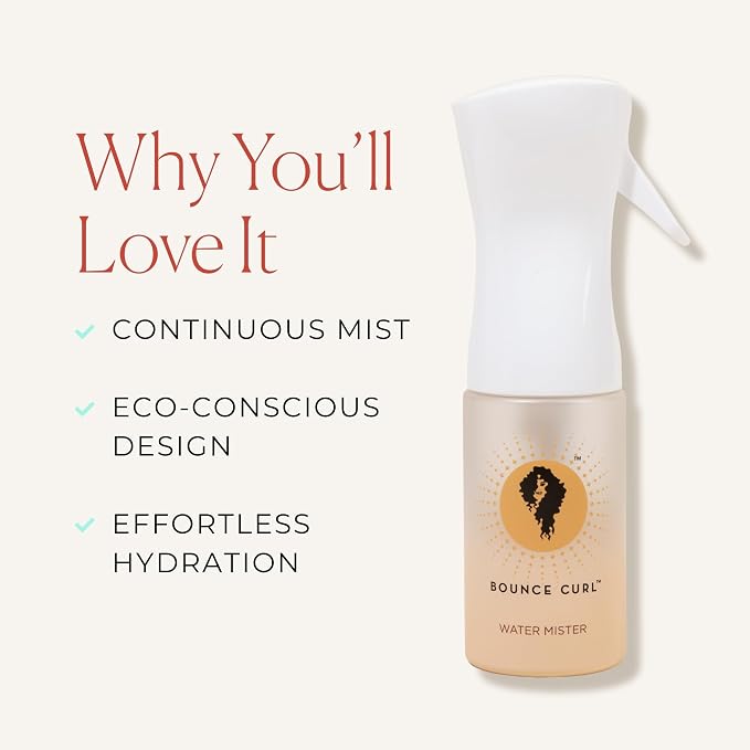 Bounce Curl Fine Mist Water Spray Bottle for Curly Wavy Natural Hair, Continuous Mist for Curl Refresh and Hydration, Wash and Go