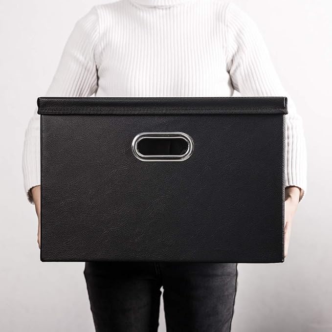 Large Collapsible Storage Bin with Lid [1-Pack] Leather Fabric Foldable Storage Box Organizer Containes Basket Cube with Cover for Home Bedroom Closet Office Nursery Black (17.7x11.8x11.8)