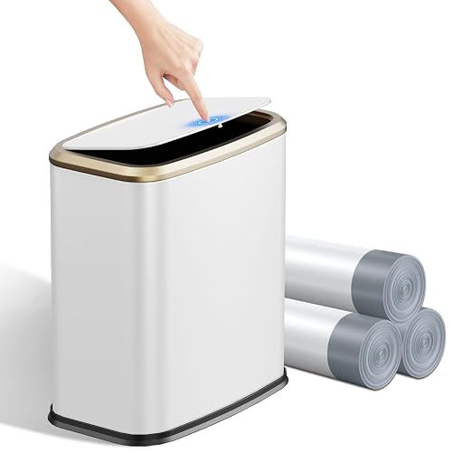 2.1 Gallon Bathroom Trash Can with Lid Press Top, 8 Liter Stainless Steel Garbage Can with Press Type Lid, Slim Trash Bin Waste Basket for Toilet, Office, Bedroom, Living Room (White)