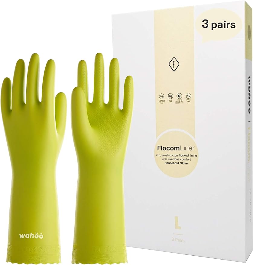 LANON 3 Pairs wahoo Cleaning Gloves,Cotton Flocked Liner,Bud Tender,Large | Skin-Friendly,Dish Washing,Reusable,Latex Free,DEHP-Free,Non-Slip,Dishwashing Household Kitchen Gloves