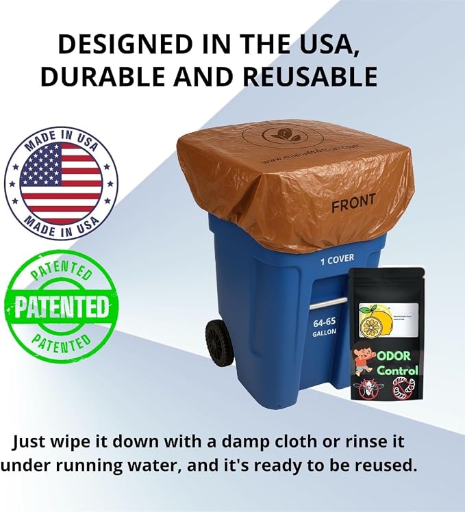 Outdoor Trash Can Lid Cover – 45 Gallon Elastic Seal, Odor Control, Lemon Scented, Chemical Free, Reusable 1 Pack