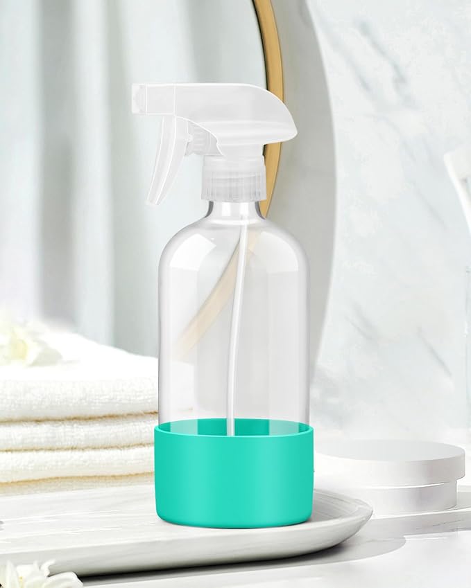 Glass Spray Bottles for Cleaning - 16 oz Spray Bottles with Silicone Sleeve | Adjustable Nozzle, Refillable, Mist&Steam, Leak-proof, Anti-slip, Spray Bottles for Hair, Cleaning Solutions, Plants, Green