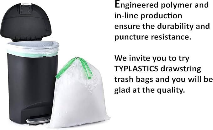 TYPLASTICS Tall Kitchen Drawstring Trash Bags 13 Gallon (200 Count) | 24in x 27in, Unscented