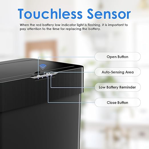 Sensor Trash Can, Touchless Motion Sensor Trash Bin | Smart Automatic Garbage Can with Soft-Close Lid, Bag Retainer Ring and Display Light, for Kitchen, Office (Black, 18.5 Gal)