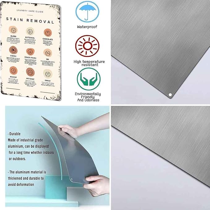 Vintage Retro Stain Removal Laundry Care Guide Aluminum 8x12 Inch, Funny Wall Art for Farmhouse Laundry Room Bathroom Kitchen Man Cave Garage Wall Decor