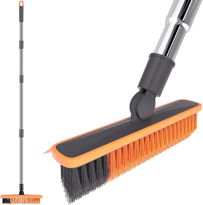 2 in 1 Floor Brush Scrubber with Long Handle Telescopic 3 Poles 61.8'' Grout Brush Scrape Stiff Bristle Cleaning Scrub Brush with Squeegee 180°Rotating Tile Brush for Cleaning Bathroom Glass Patio
