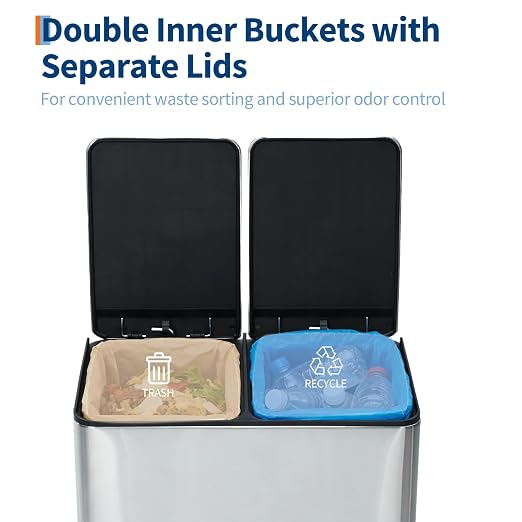 Dual Compartment Stainless Steel Kitchen Trash Can, 2 x 5.3 Gallon (20L) Removable Inner Buckets, Soft-Close Lid, Odor-Sealing, Foot Pedal, Rust-Proof & Space-Saving Waste Bin for Recycling