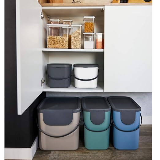 Rotho Albula Set of 3, Waste Separation System, 40 L for The Kitchen, Plastic (PP) BPA-Free, Anthracite/Blue/Cappuccino, 3 x 40 L (40.0 x 35.8 x 34.0 cm) | Rubbish Bin, Kitchen Waste Bin, Recycling Bin, Lid, Stackable, Long Handles, Easy Opening When S...