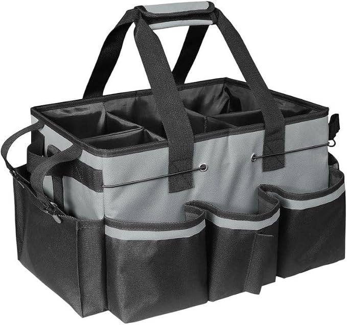 Large Cleaning Caddy Bag with Removable Divider - 600D Oxford Storage Organizer for Supplies, Tools, Spray Bottles - Portable Tote for Housekeeping, Gardening, Car Trunk - Black 14x10x9 Inch(Dark Gray)