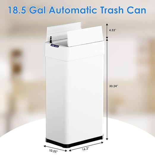 TLSUNNY 18.5 Gallon Automatic Trash Can, Motion Sensor Garbage bin | Stainless Steel Smart Trash Can W/ Butterfly Lid, Bag Retainer Ring for Living Room, Kitchen, Office (White, 70L)