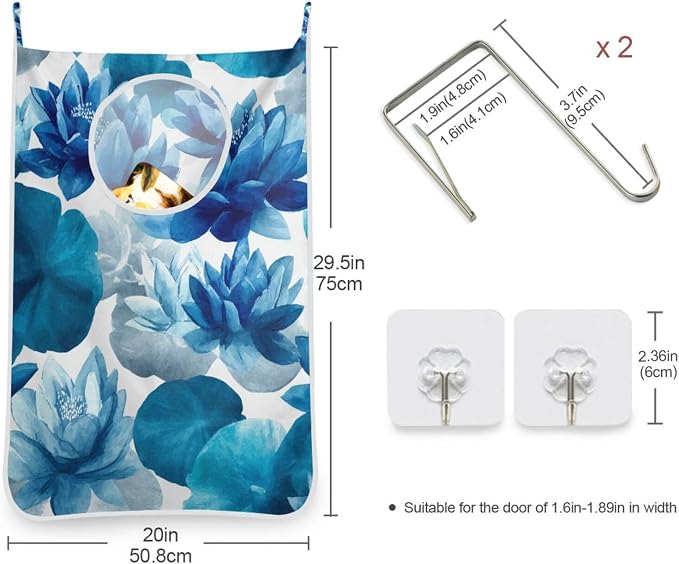 Ink Blue Lotus Flower Hanging Laundry Hamper Door Hampers Bag Basket with Stainless Steel Hooks Oxford Fabric Printing Decorative Clothes Bags 29.5X20inch 2Pack