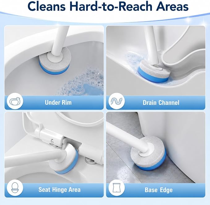 Disposable Toilet Brush with 48 Refills and Replaceable Scrubber Heads | Toilet Bowl Cleaner Wand and Wall-Mounted Holder, Space Saving Bathroom Cleaning System for Home, Apartment and RV