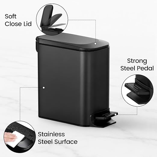 TIPGO Small Bathroom Trash Can with Lid, 1.6 Gal, Soft Close, Matte Black | Stainless Steel, 5.9'' Slim for Narrow Space, Foot Pedal, Soft Quiet Lid, Anti-fingerprint, Removable Inner Bucket, Odor Seal