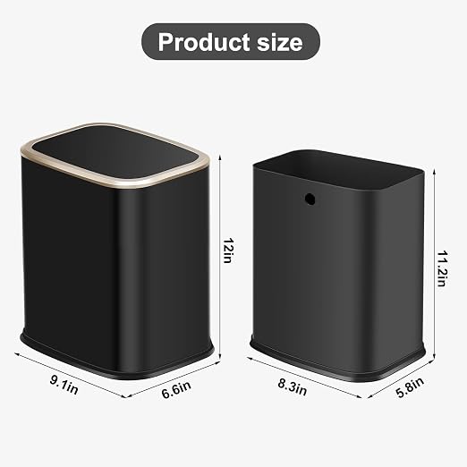 2 Gallon Small Office Bathroom Trash Can with Swing Lid,Living Room Bedroom Garbage can Wastebasket bin,Inner Bucket, Metal Decor Trash Can (Black Gold)