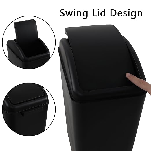 Slim Trash Can, 4.2 Gallon Black Swing Lid Garbage Bin | Space-Saving Narrow Design, Black Plastic, Swing-Top Cover Helps Contain Odors, for Bathroom, Bedroom, Office