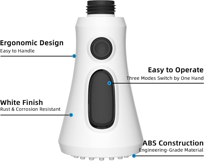 Hibbent Pull Down Spray Head for Kitchen Faucet, 3-Function Spray Nozzle | NSF/ANSI/CAN 61/372 & cUPC Certified Sink Faucet Head Replacement, 15 Adapters, Compatible with Moen, Delta, Kohler, White