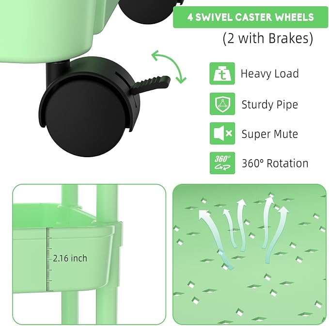 Volnamal Diaper Caddy, 3 Tier Rolling Cart for Baby Essentials, Green | Movable & Easy Assemble Cart for Newborn Nursery Essentials, Diaper Storage Organizer for Changing Table&Crib, Baby Registry