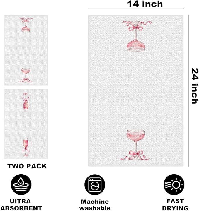 2 Pcs Pink Bow Champagne Kitchen Towels, Coquette Pink Reusable Dish Towels | Waffle Weave Hand Cloth Tea Towel for Kitchen Bathroom Home Decor, Alcohol Lover Gifts for Women Mom Friend 24x14 Inch