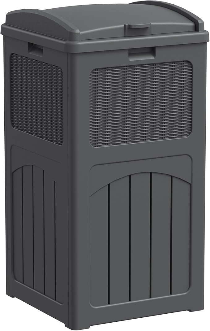 Greesum 33 Gallon Outdoor Trash Can with Lid, Waterproof Design, Gray | Resin Garbage Bin for Hideaway, Deck, Patio