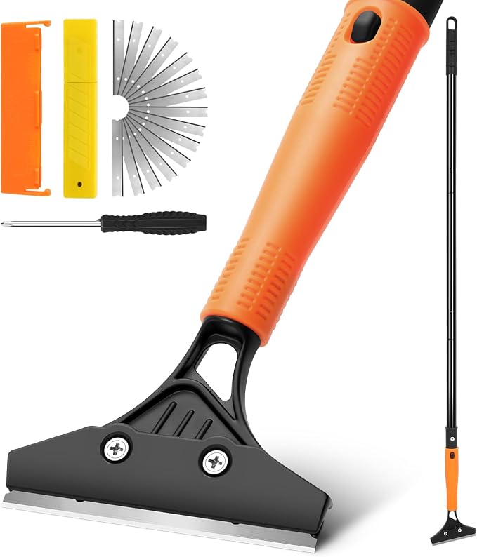 Heavy Duty Floor Scraper with Long Handle,4 Inch Razor Blade Scraper Tool | Cleaning Popcorn Ceiling Wall Glass Windows Gum Paint Tile Glue Linoleum|45.7IN Handle|10PCS Extra Metal Blades|Orange