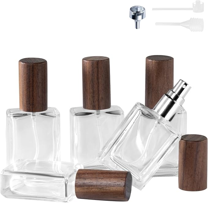 Perfume Atomizer, Refillable Spray Perfume Bottles 5pcs 0.5oz/15ml | Real Wood Lid, Classic Looking, Leak-Proof, Compact Size, Solid Bottle, Daily Touch-Up Spraying