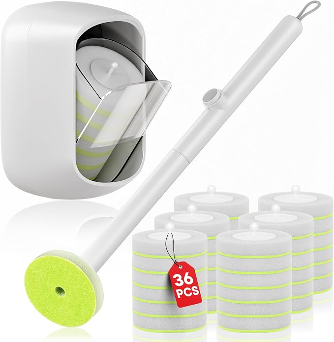 Disposable Toilet Brush and Holder Set, Toilet Bowl Cleaner Wand with 36 Refill Heads, Toilet Brush for Bathroom, Toilet Bowl Brush and Holder, Toilet Scrubber Kit with Storage
