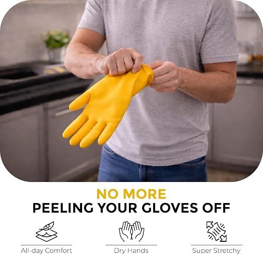 LADWA 1 Pairs Non-Slip Household Cleaning Reusable Dishwashing Gloves for Kitchen Washing Dishes Bathroom Gardening & Home Tasks Flexible Long-lasting Waterproof Gloves Perfect for Woman Men (Yellow)