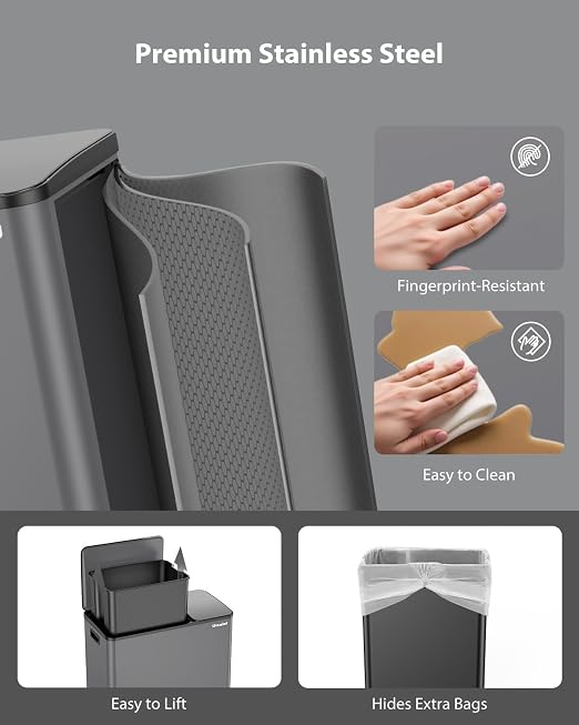 Dual Trash and Recycling Bins for Kitchen, 13.2 + 5.2 Gal (50+20L) Stainless Steel Trash and Recycle Bin Combo with Soft-Close Lid, Large Garbage Cans for Kitchen Home with 2 Magnets Sticker, Grey