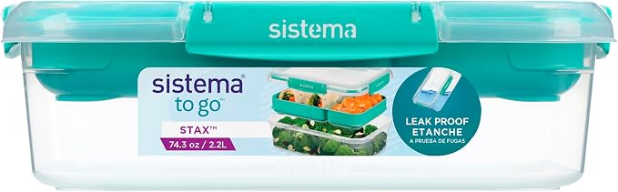 Sistema Stax To Go 2.2L Rectangular Food Storage Container, Airtight, Leakproof, Bento Box Style with Double Tray, Made with Food Grade Material, Blue or Teal